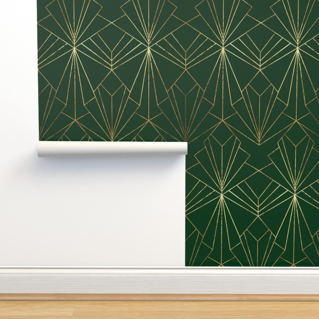 Glamorous 1920S Emerald Green Faux Gold Look Geometric Custom Removable Wallpaper by Spoonflower Peel & Stick Wallpaper 2FT Wide